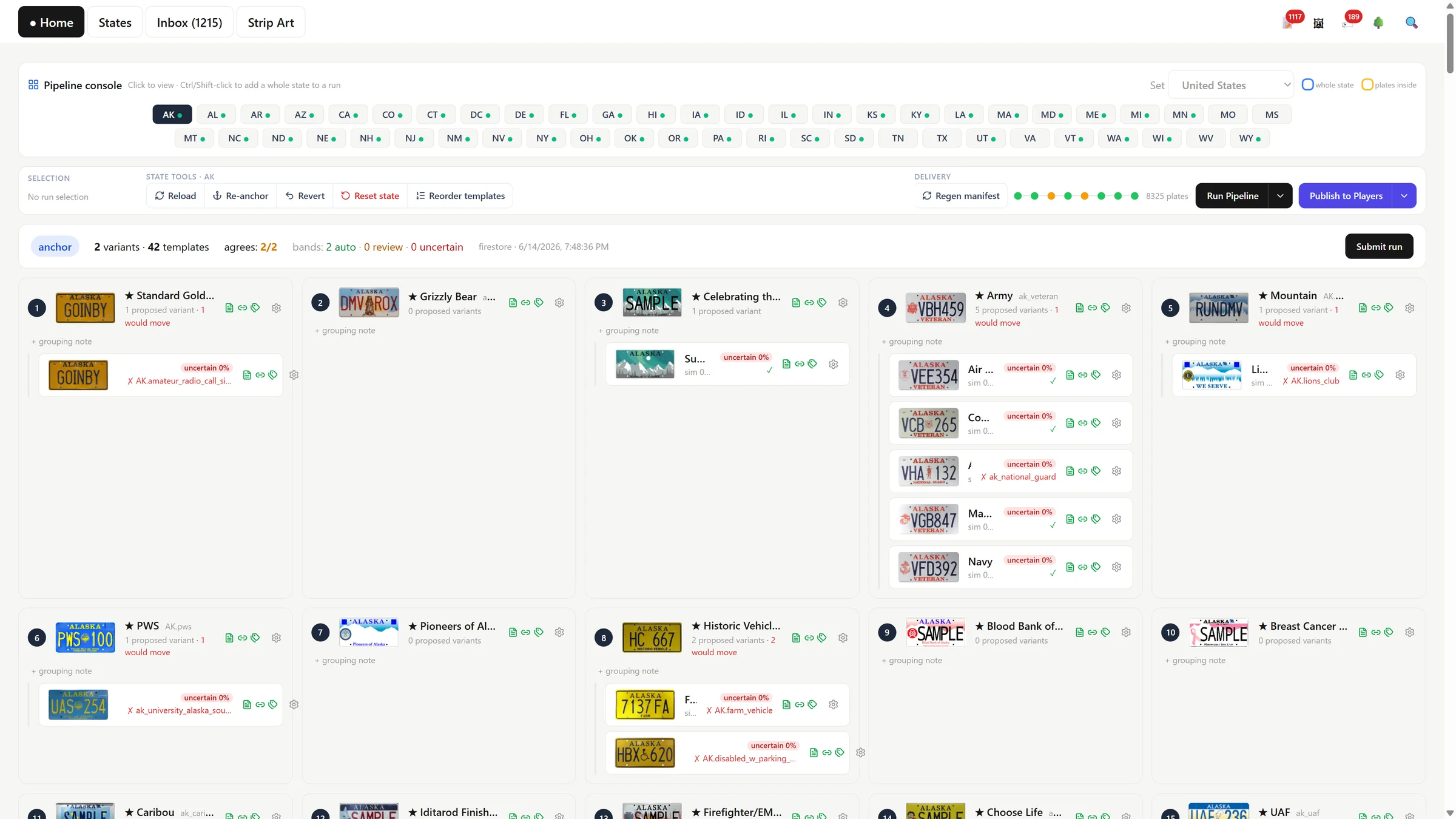 Plate Curator's pipeline console on Alaska: every template as a card, with its variants nested beneath and the run controls above.