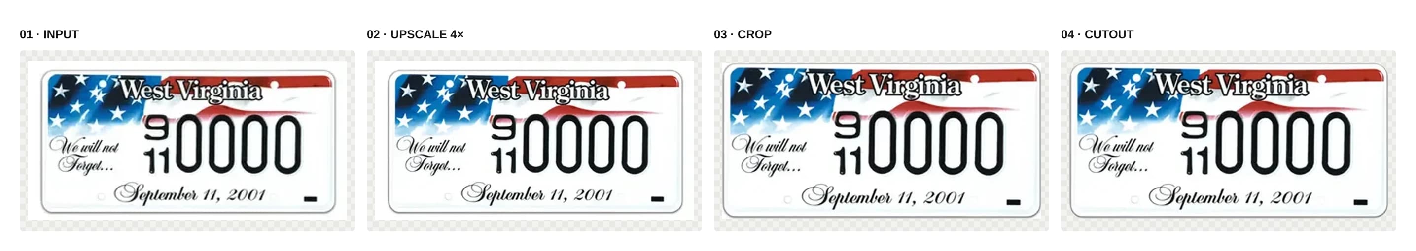 Four stages of Plate Curator image cleanup for West Virginia's 9-11 Commemorative plate: input, four-times upscale, crop, and transparent cutout.