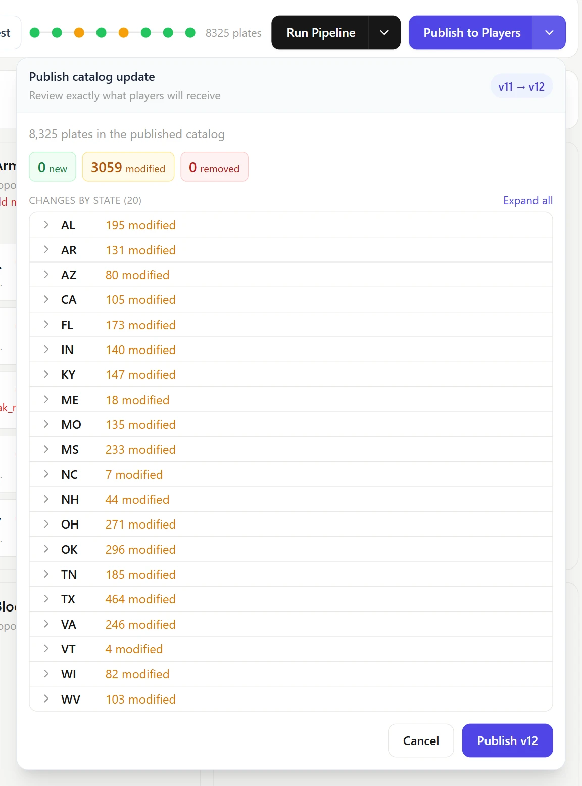 The Publish to Players dropdown on the pipeline console: version 11 to 12, 8,325 plates, 0 new, 3,059 modified and 0 removed, a list of changes by state, and Cancel and Publish v12 buttons.