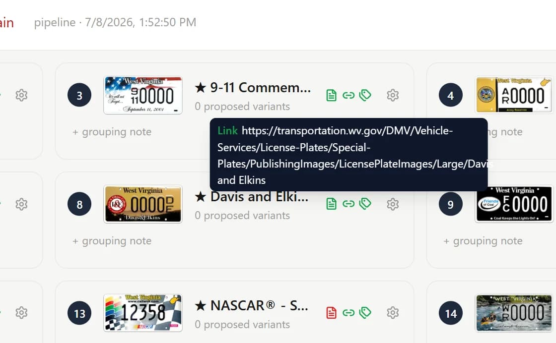 The pipeline console's plate card for Davis and Elkins with its Link icon hovered: a tooltip shows the source URL the image was found at.