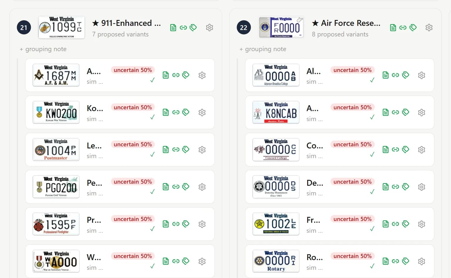 Two template families on the pipeline console, 911-Enhanced Council and Air Force Reserves, each listing its proposed variants with a confidence chip.
