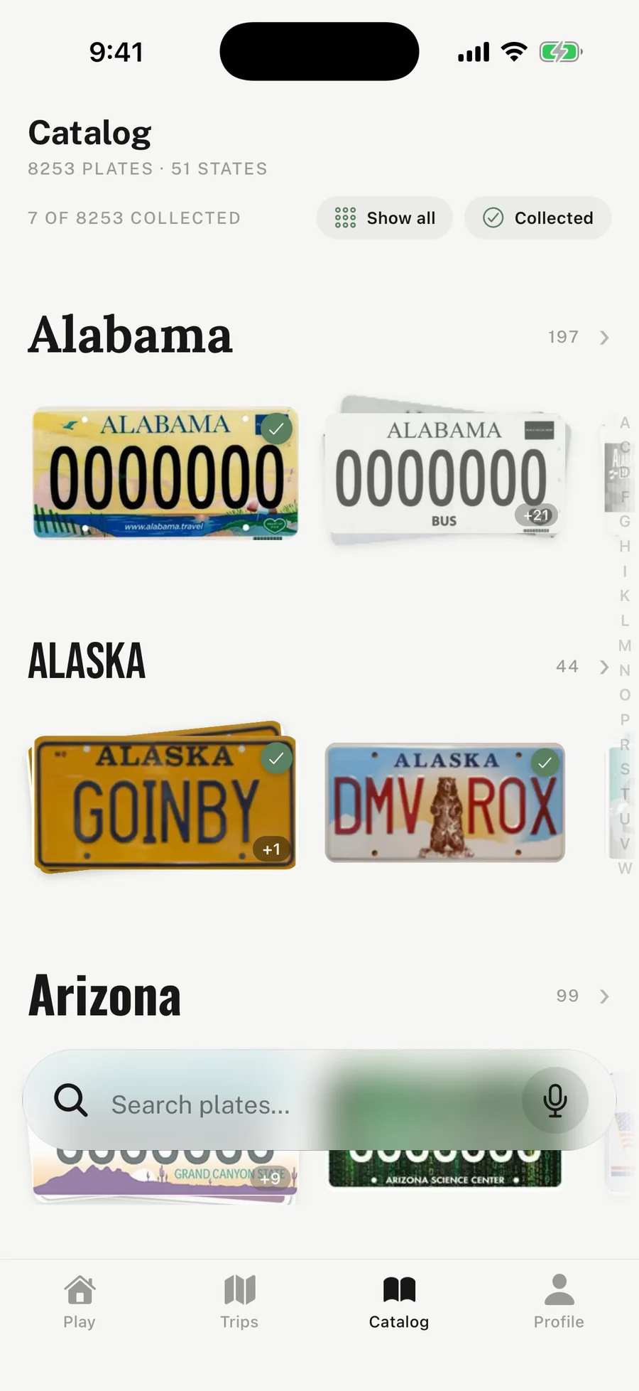 The catalog tab, headed 8253 plates across 51 states, with 7 of 8253 collected and filters for showing all plates or only collected ones.
