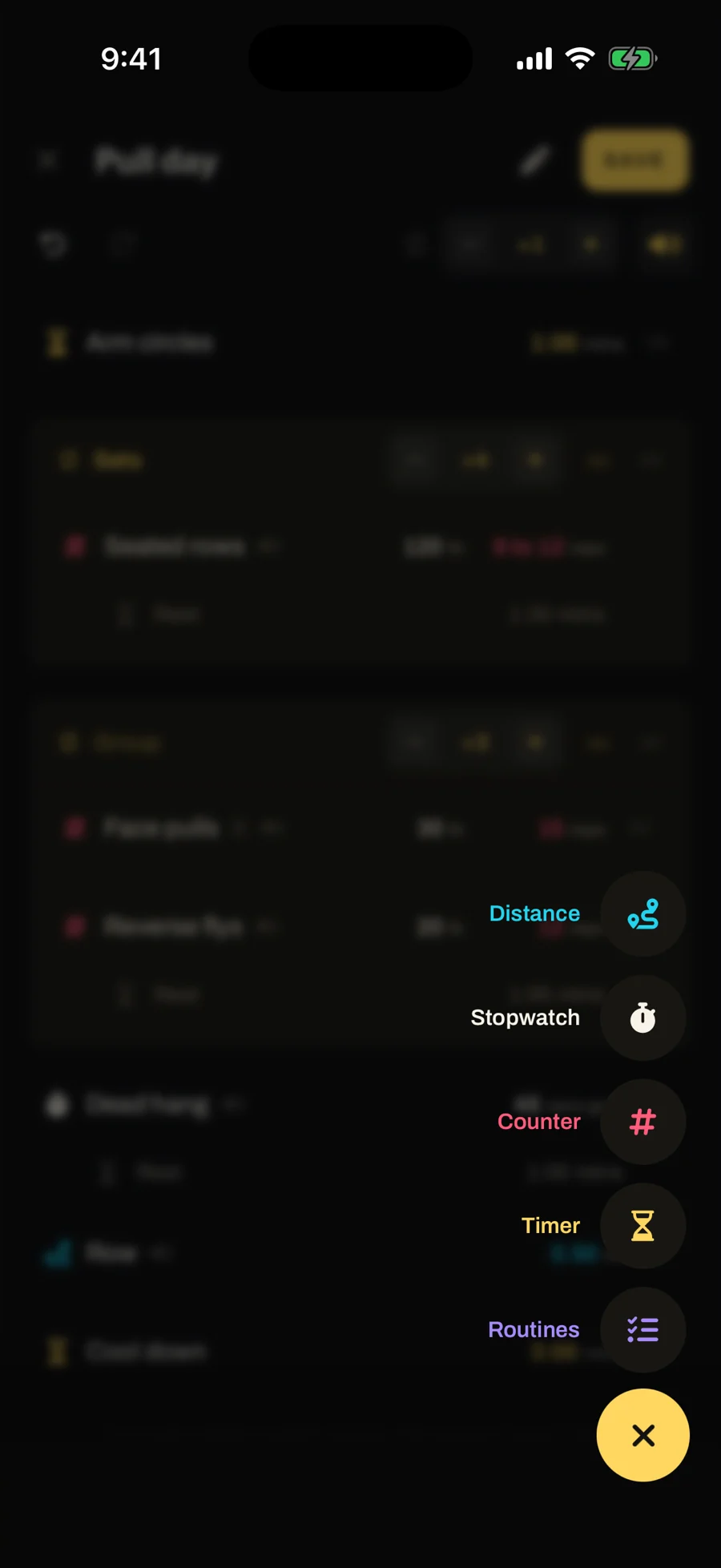 The editor’s add button fanned open: Distance, Stopwatch, Counter, Timer and Routines.