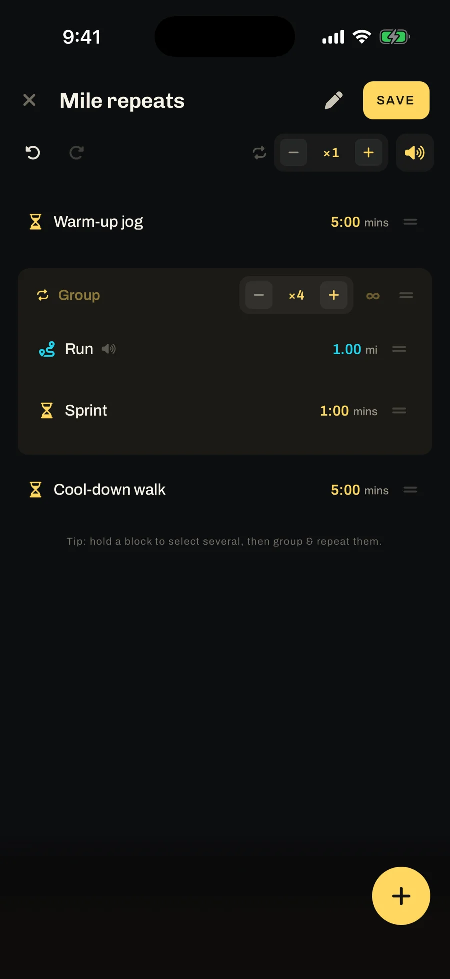 The Mile repeats editor: Warm-up jog 5:00, a group ×4 of Run 1.00 mi and Sprint 1:00, then Cool-down walk 5:00.