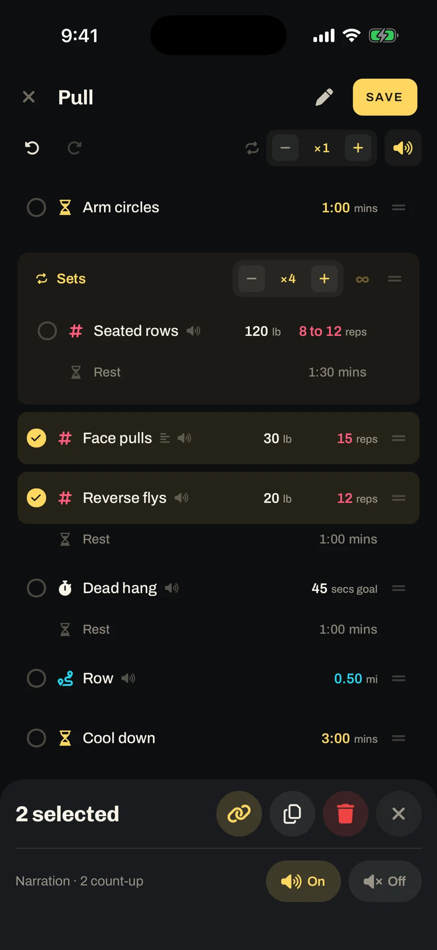 The Pull day editor with two blocks selected and a bar to group, duplicate or delete them.