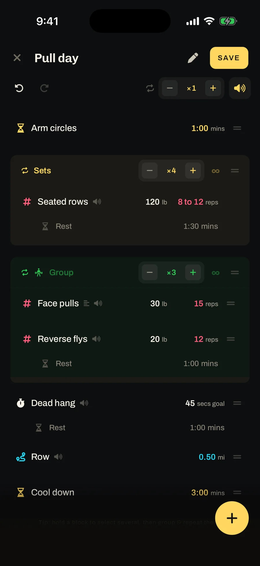 The Pull day editor with the group of face pulls and reverse flys marked as a workout, its header turned green.