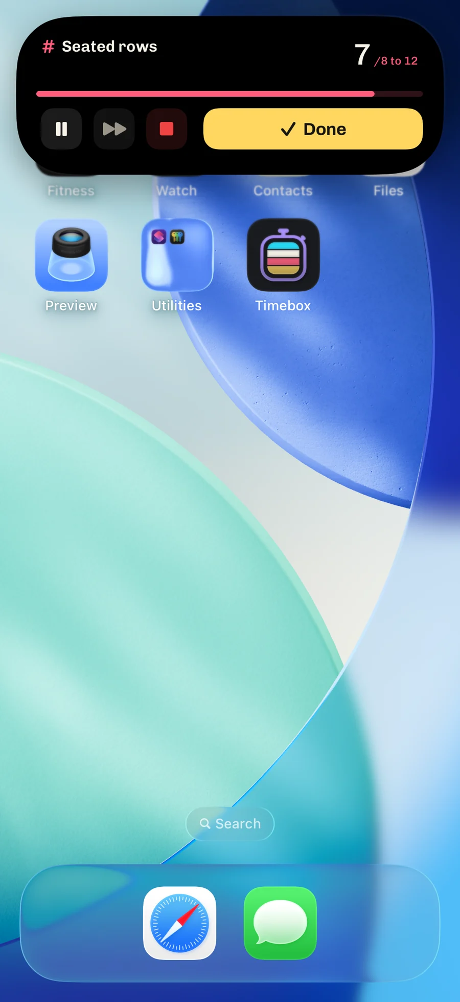The Dynamic Island expanded over the home screen: Seated rows, count 7 of 8 to 12, with a Done button. The Timebox icon sits on the home screen below.