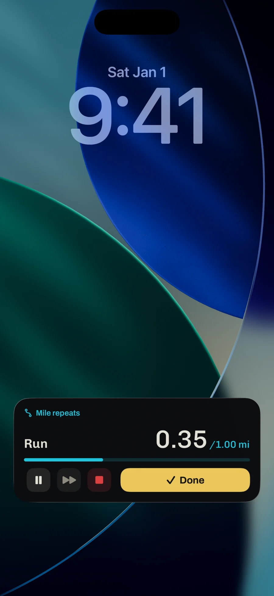 The lock-screen Live Activity for Mile repeats: Run, 0.35 of 1.00 mi, with pause, skip, stop and Done.