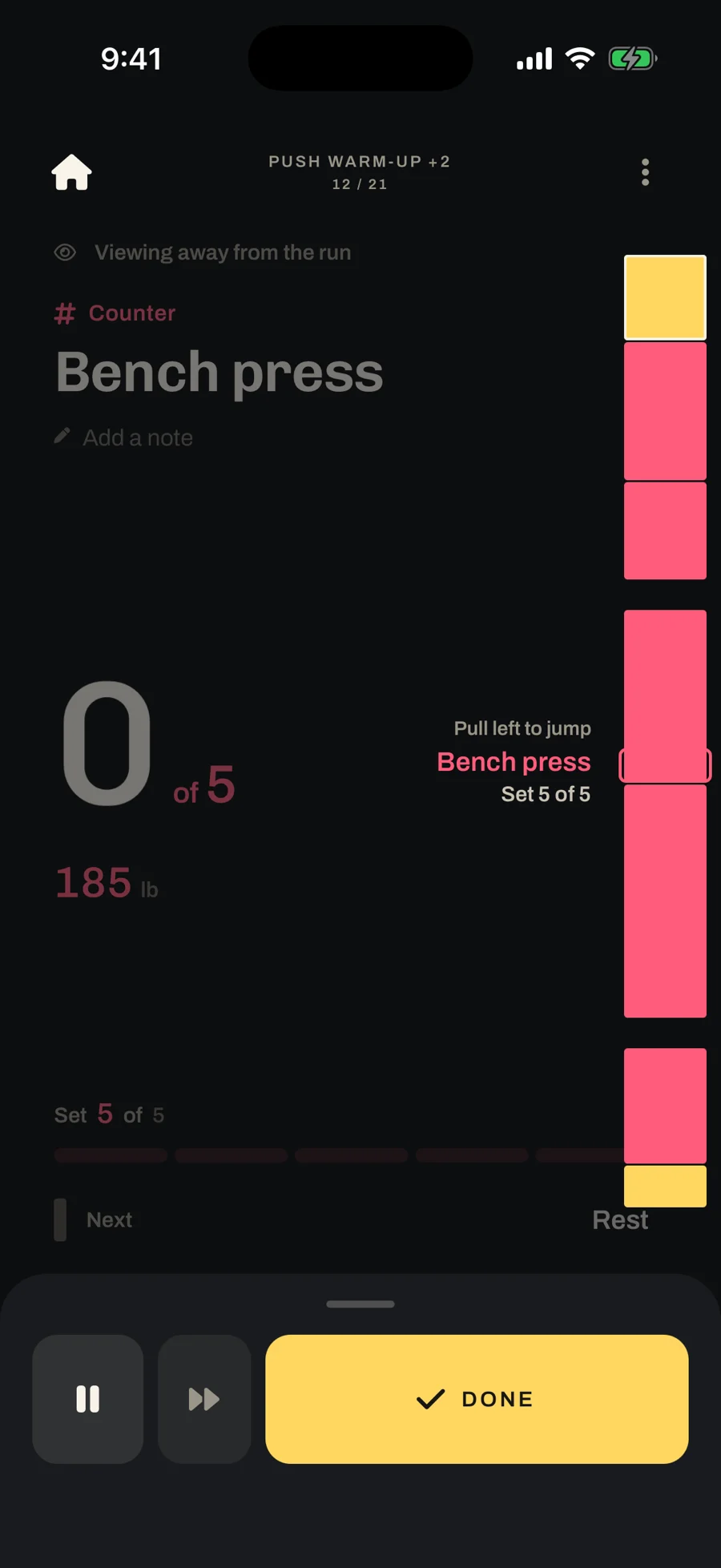 The rail open over a three-routine queue: coloured bands per block with gaps between the routines, previewing Bench press set 5 of 5, with the hint Pull left to jump.