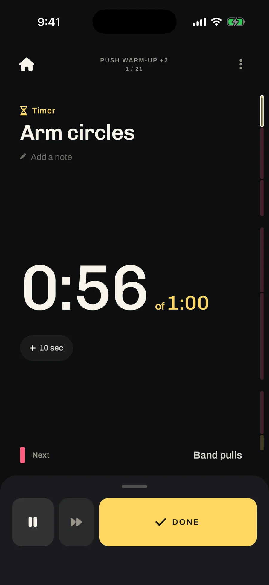 The run started, headed Push warm-up +2, on Arm circles at 0:56 of 1:00.