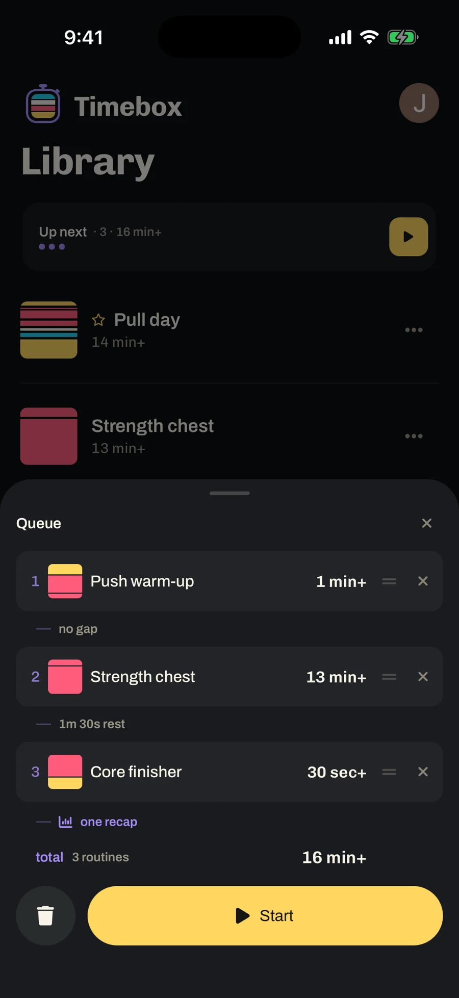 Timebox's queue: a push warm-up, a strength chest routine and a core finisher lined up as one workout.