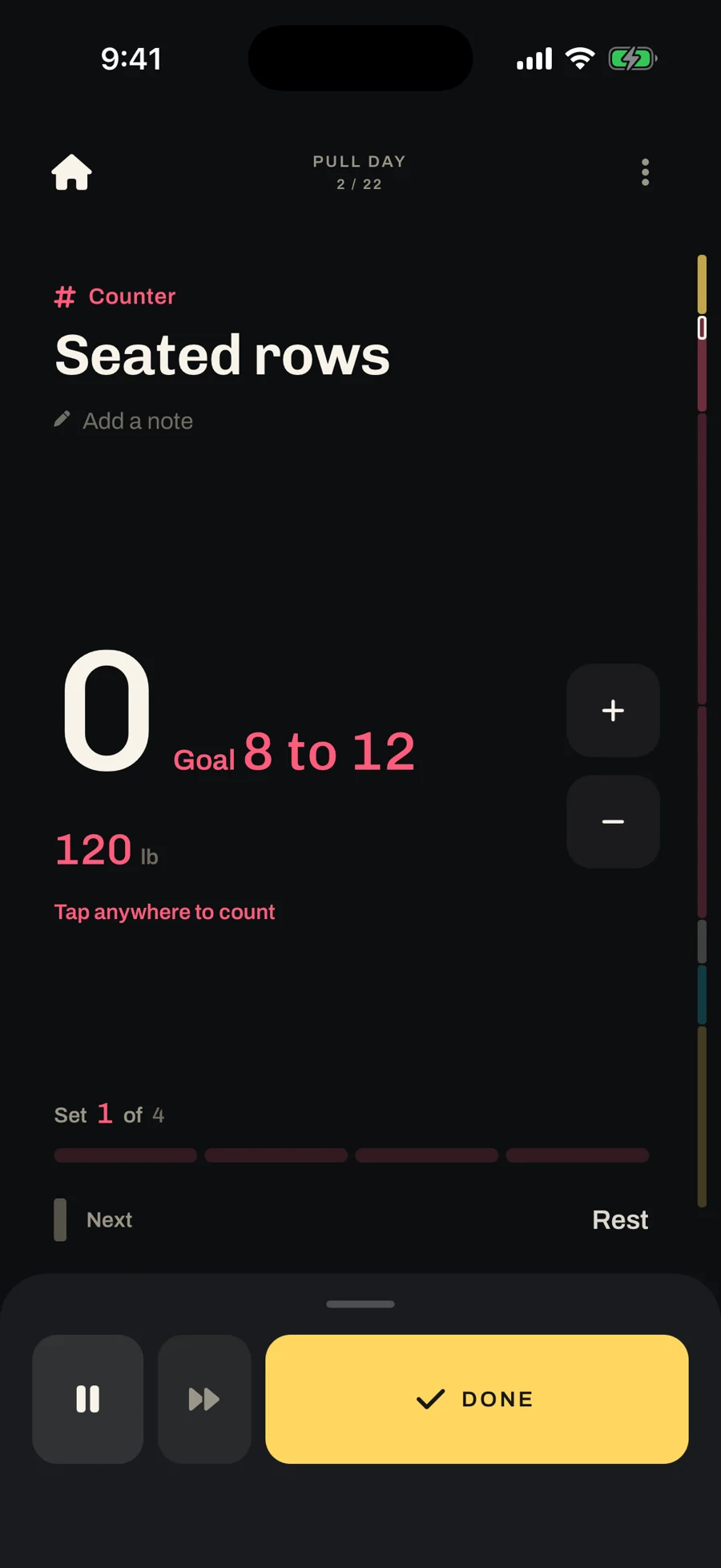 Counter at zero: Seated rows, goal 8 to 12, with the hint Tap anywhere to count.
