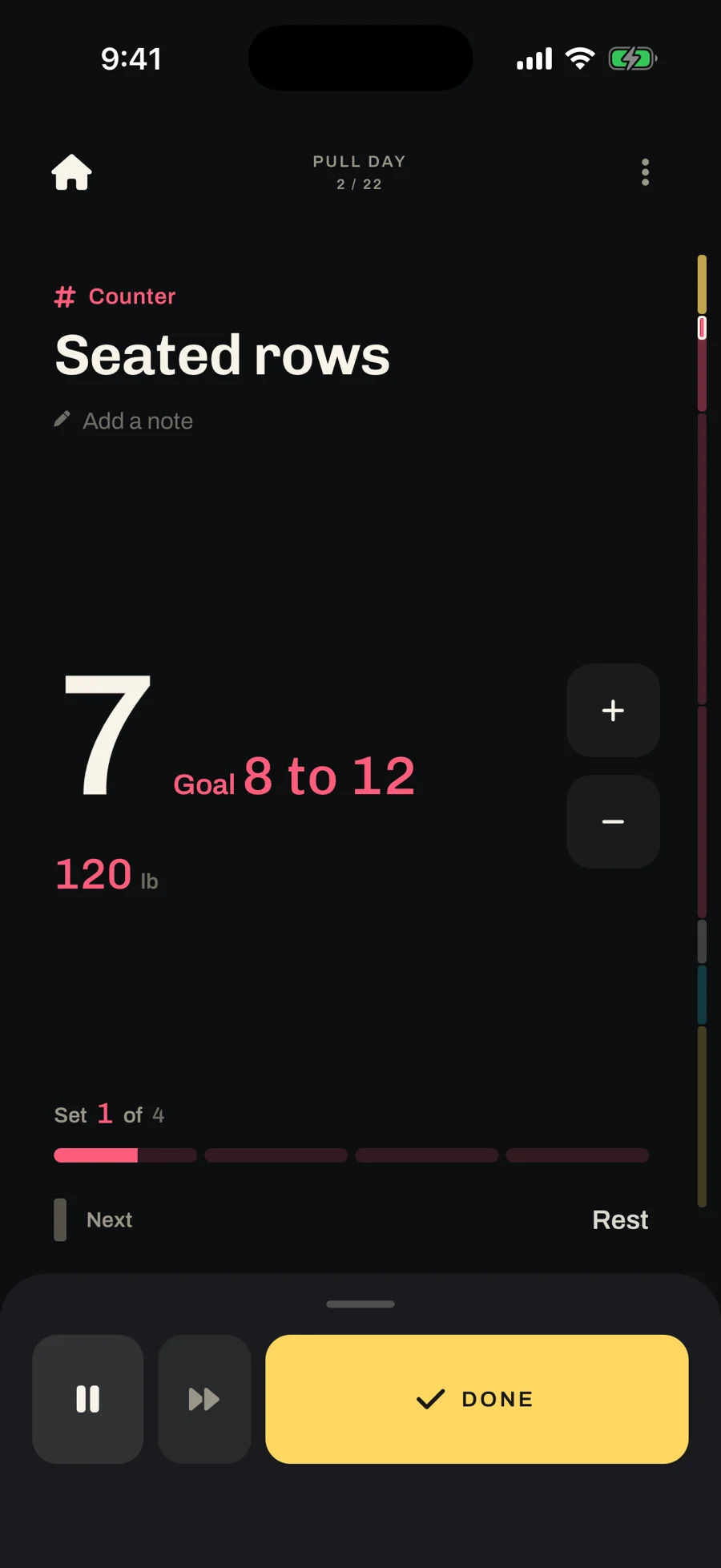 The same routine mid-run: Seated rows, a count of 7 against a goal of 8 to 12, set 1 of 4, and a Done button.