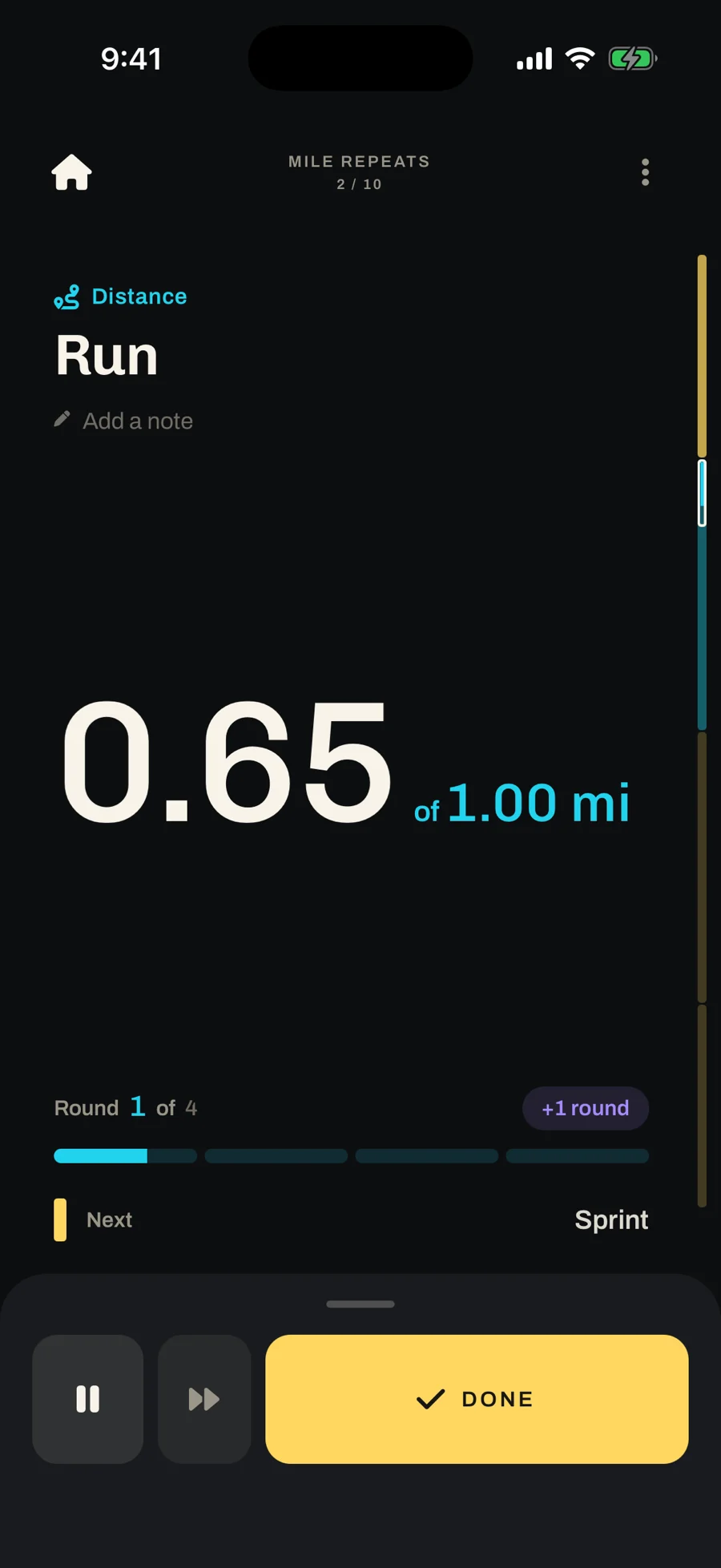 Mid-run on Run: 0.65 of 1.00 mi, round 1 of 4, a +1 round button, and Sprint up next.