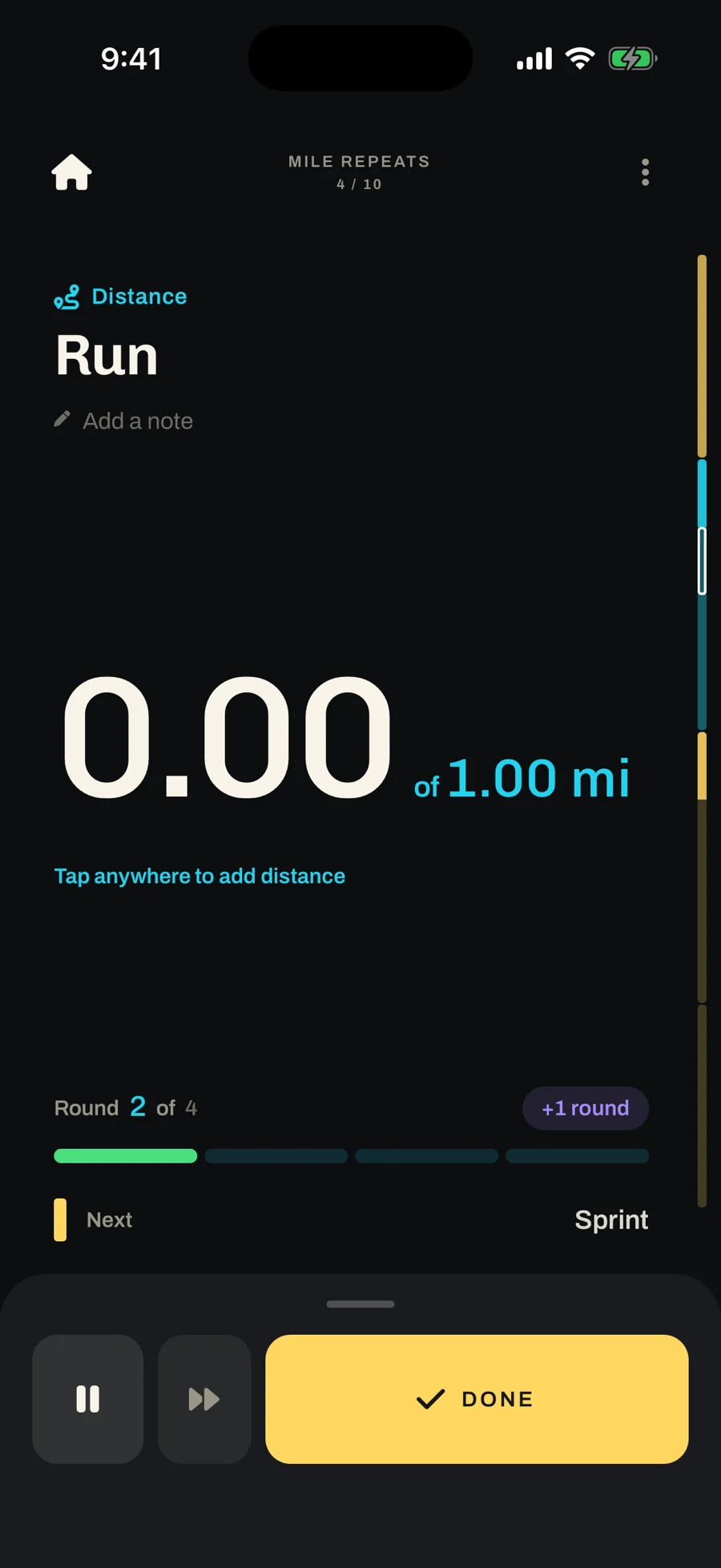 Round 2 of 4 starting on Run at 0.00 of 1.00 mi, with round 1’s bar filled green.