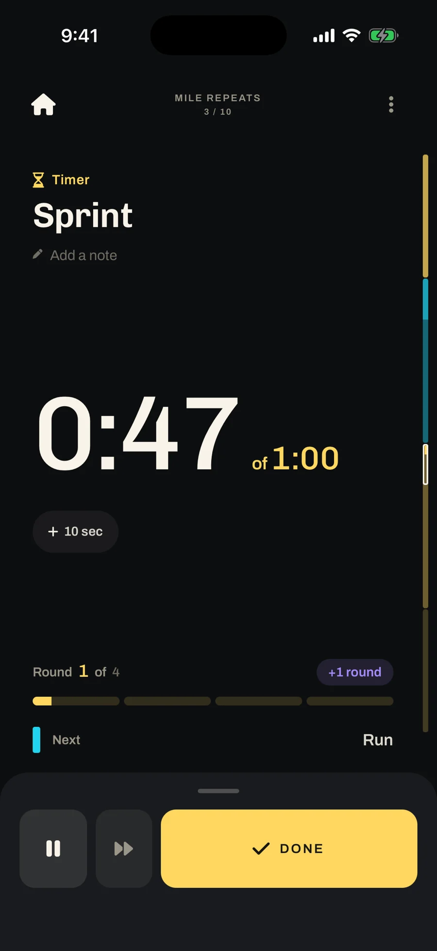 The Sprint timer at 0:47 of 1:00, with Run up next.