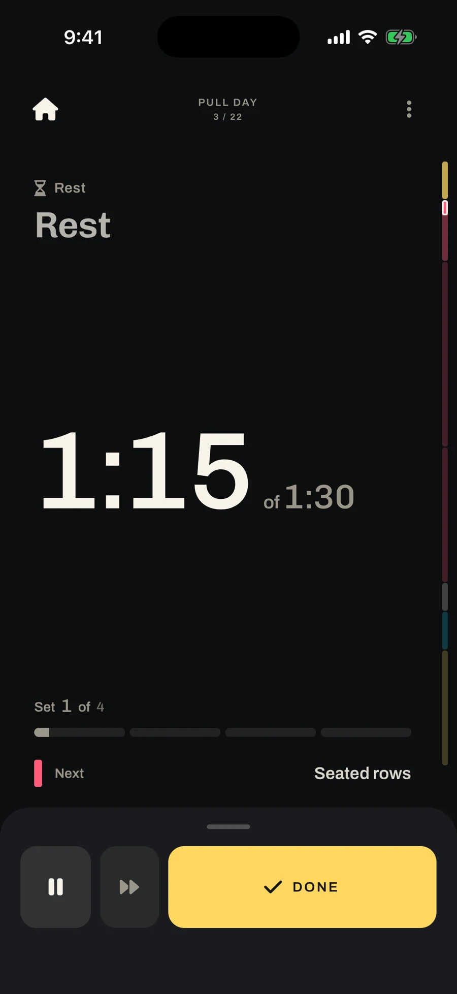 Timebox mid-workout: a rest timer at 1:15 of 1:30, set 1 of 4, with Seated rows up next.