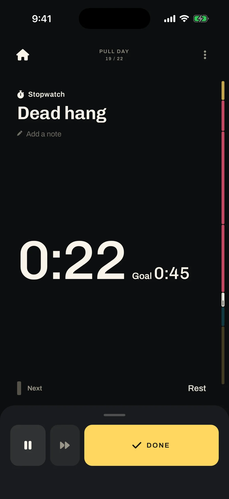 Stopwatch: Dead hang at 0:22 against a goal of 0:45.