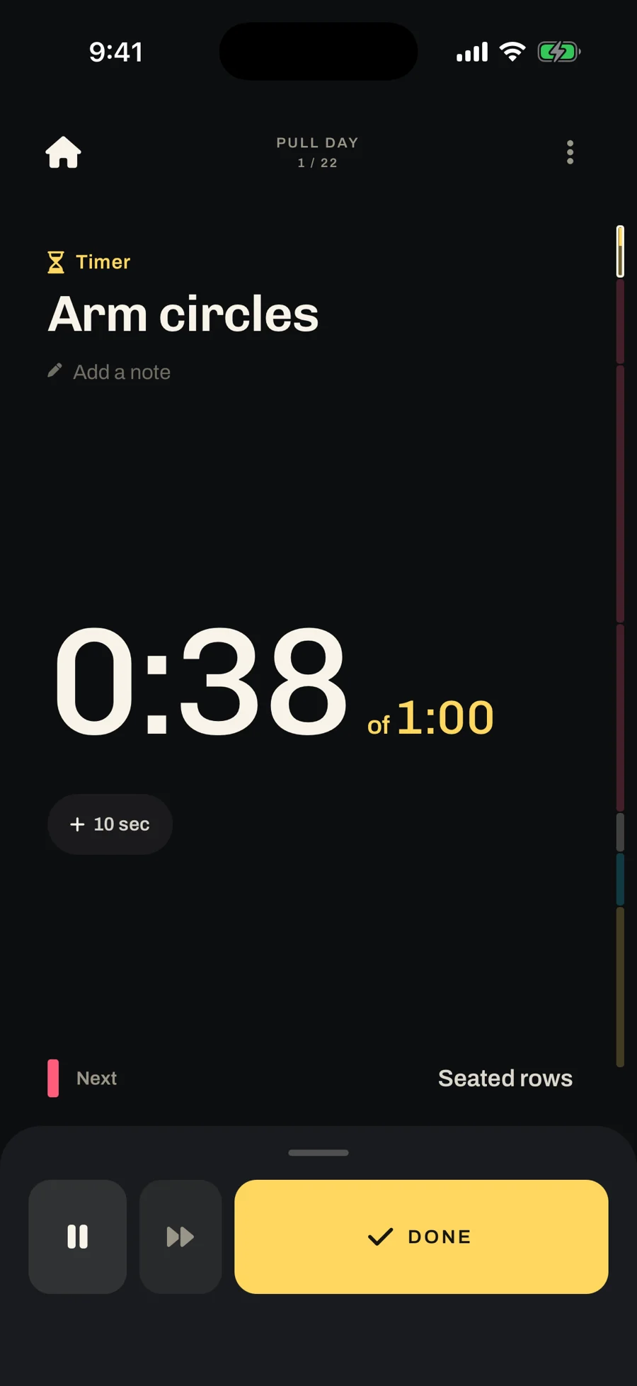 Timer mid-interval: Arm circles, 0:38 of 1:00, with a +10 sec button.