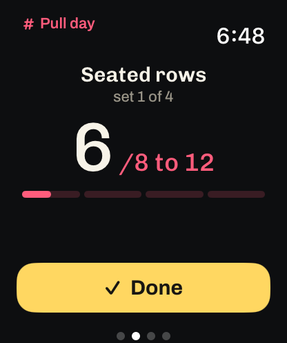 The Apple Watch run screen: Seated rows, set 1 of 4, count 6 of 8 to 12, and Done.