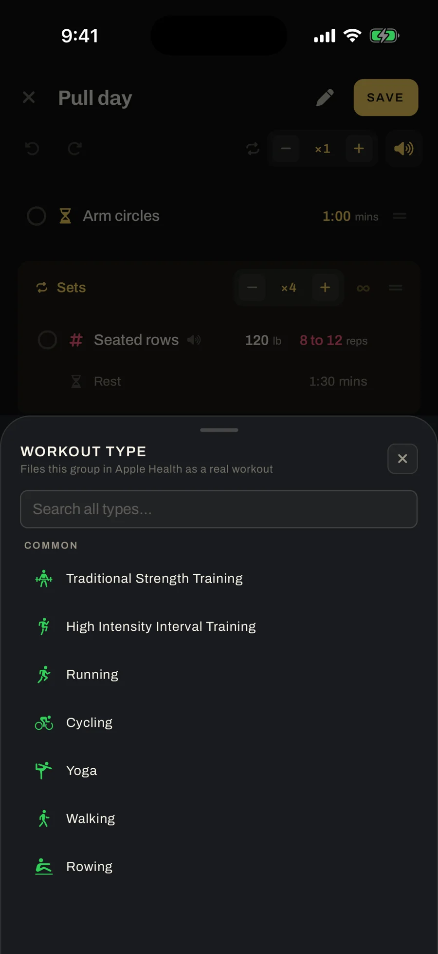 The Workout type sheet over the editor, subtitled Files this group in Apple Health as a real workout, listing Traditional Strength Training, High Intensity Interval Training, Running, Cycling, Yoga, Walking and Rowing.